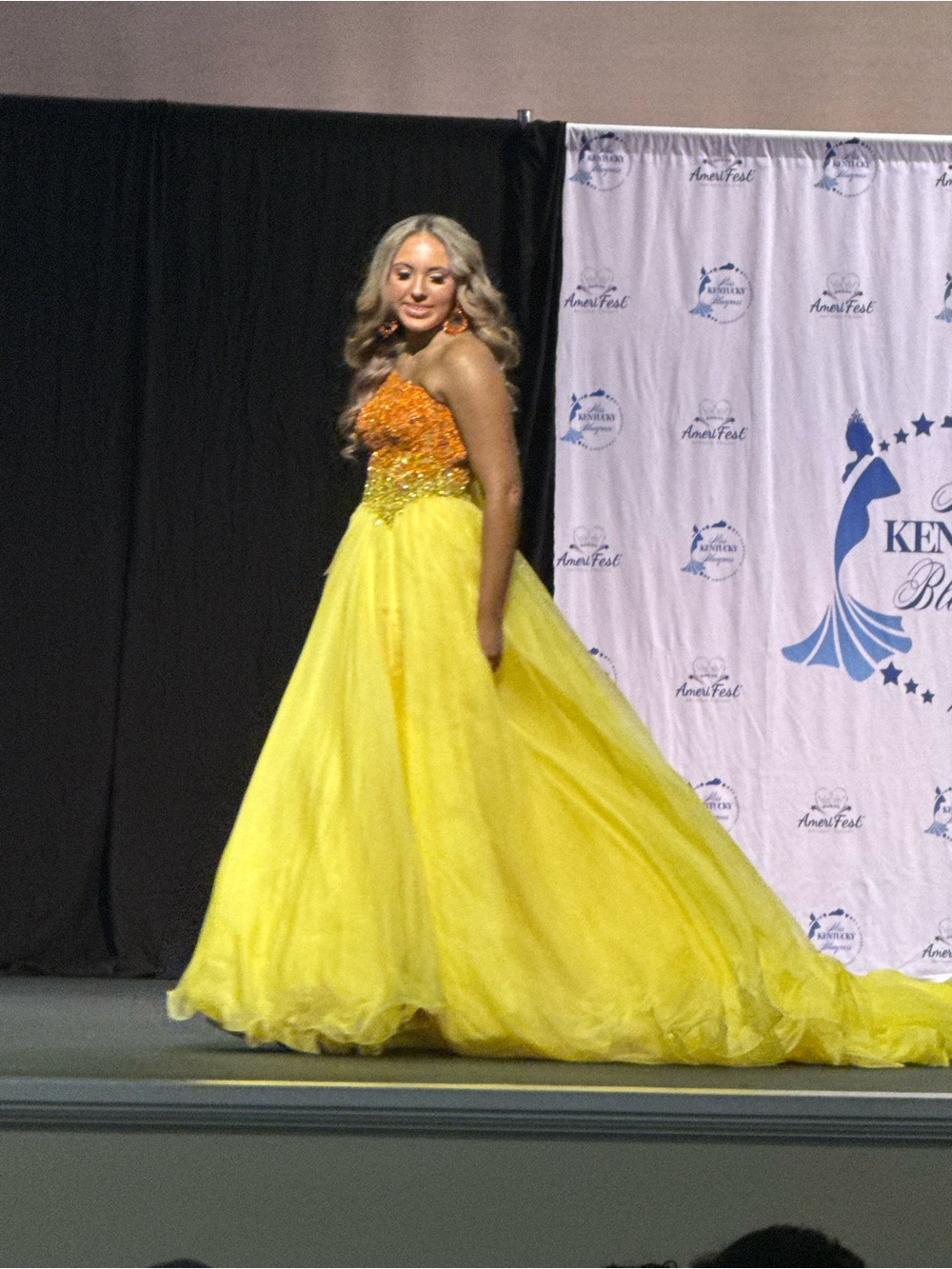 One shoulder  Yellow Ball Gown with Embellished Orange Bodice